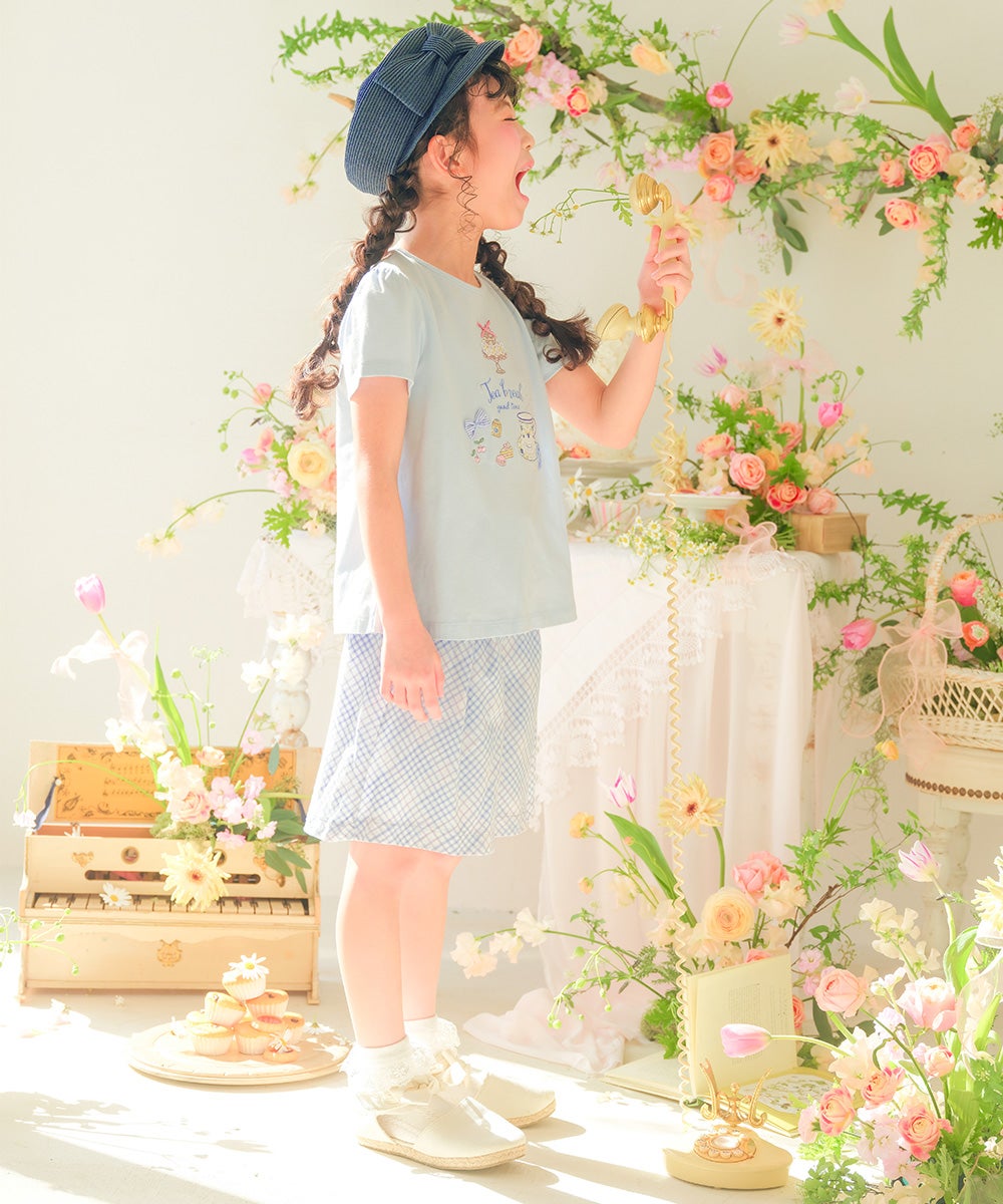 ベビー服 女の子 子ども服 こども服 キッズ ジュニア 綿100％ ティーカップ スイーツ 刺繍 バックリボン ブルー(61) 