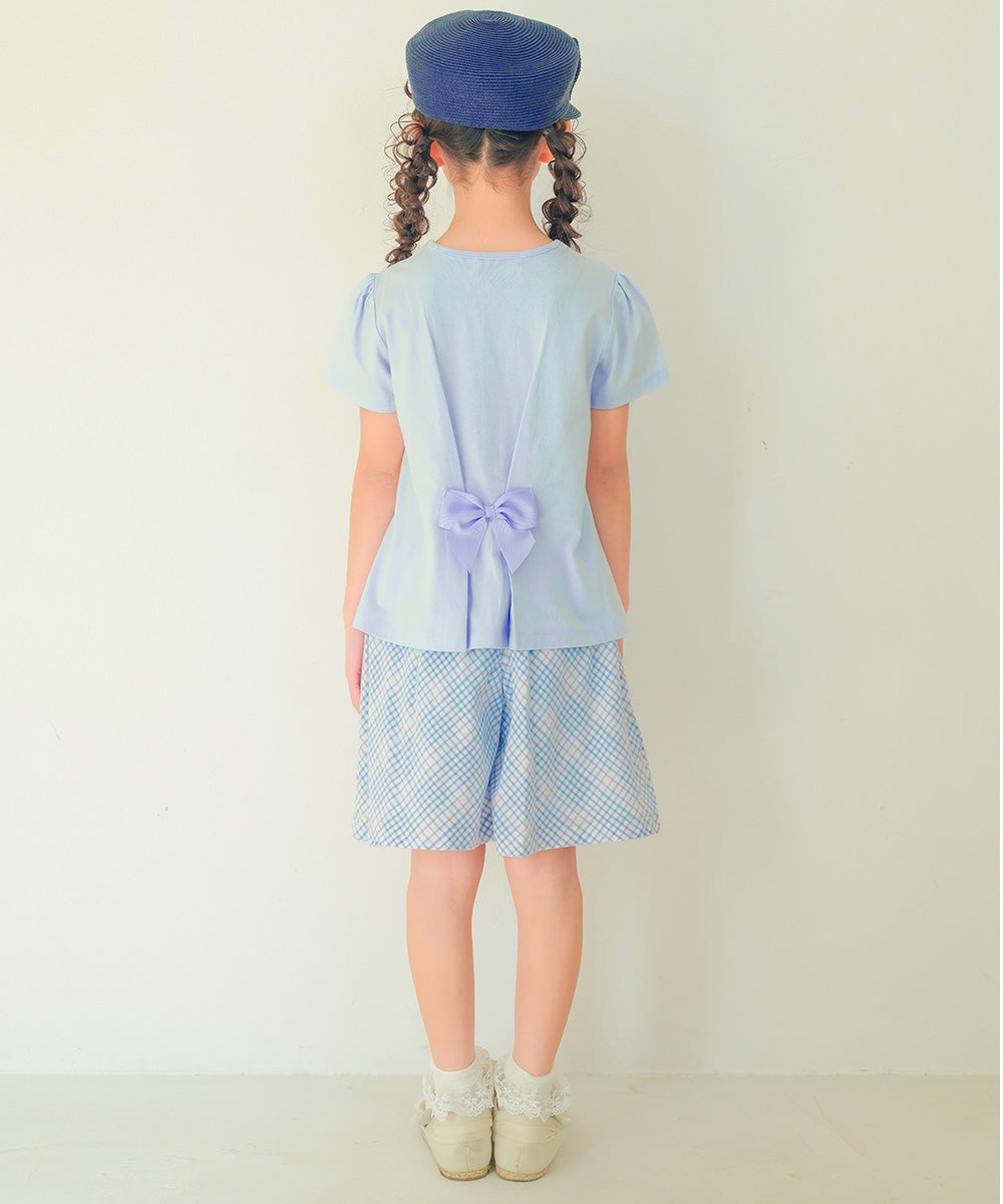 ベビー服 女の子 子ども服 こども服 キッズ ジュニア 綿100％ ティーカップ スイーツ 刺繍 バックリボン ブルー(61) 