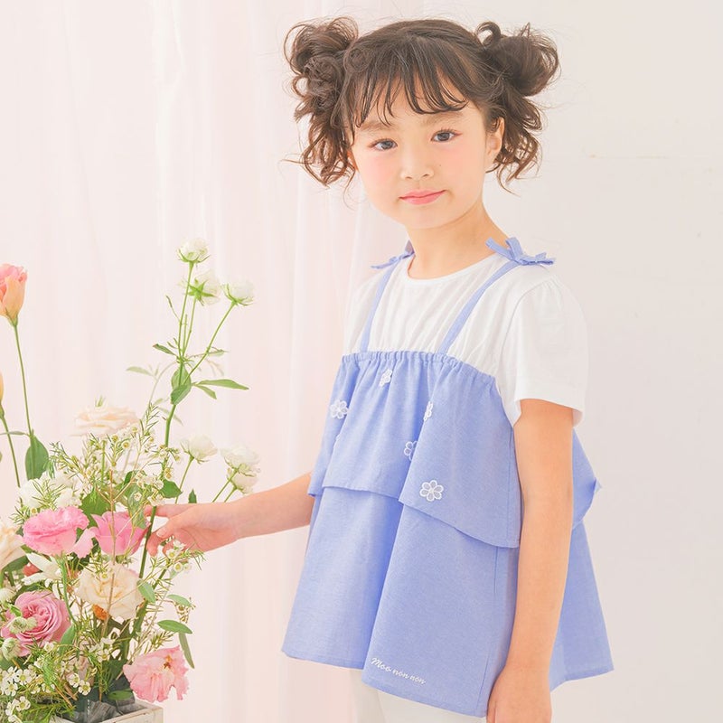 ベビー服 女の子 子ども服 こども服 キッズ キャミソール 重ね着風デザイン お花 リボンつき ロゴ刺繍 フリル