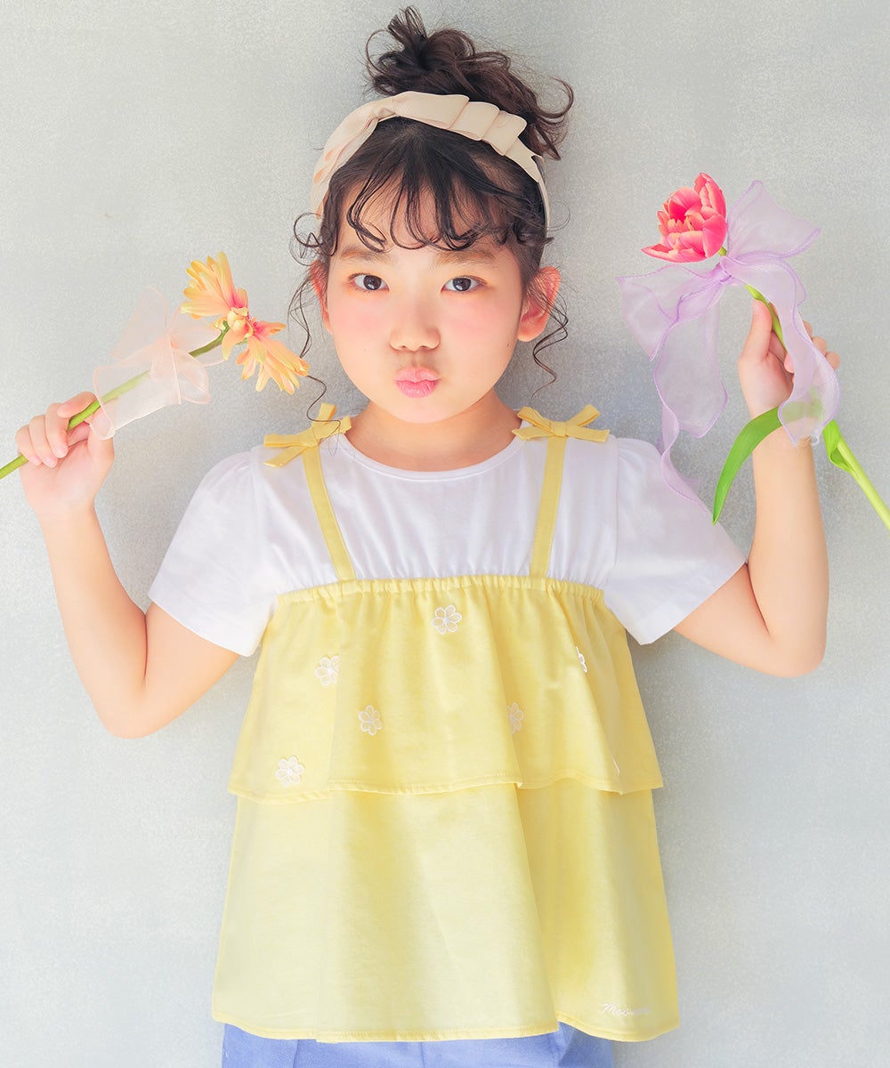 ベビー服 女の子 子ども服 こども服 キッズ キャミソール 重ね着風デザイン お花 リボンつき ロゴ刺繍 フリル イエロー(04) 