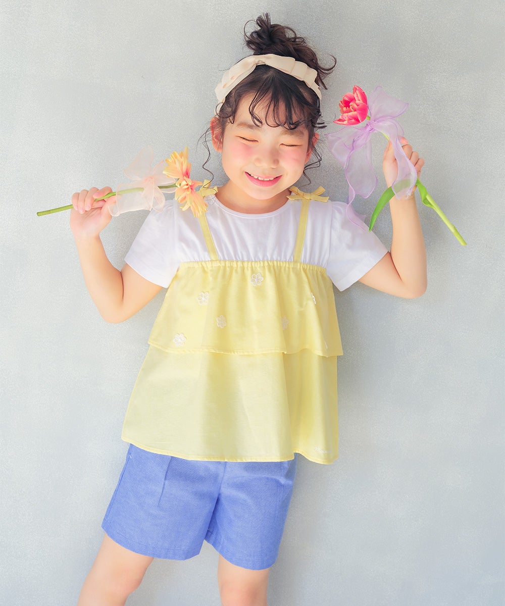 ベビー服 女の子 子ども服 こども服 キッズ キャミソール 重ね着風デザイン お花 リボンつき ロゴ刺繍 フリル イエロー(04) 