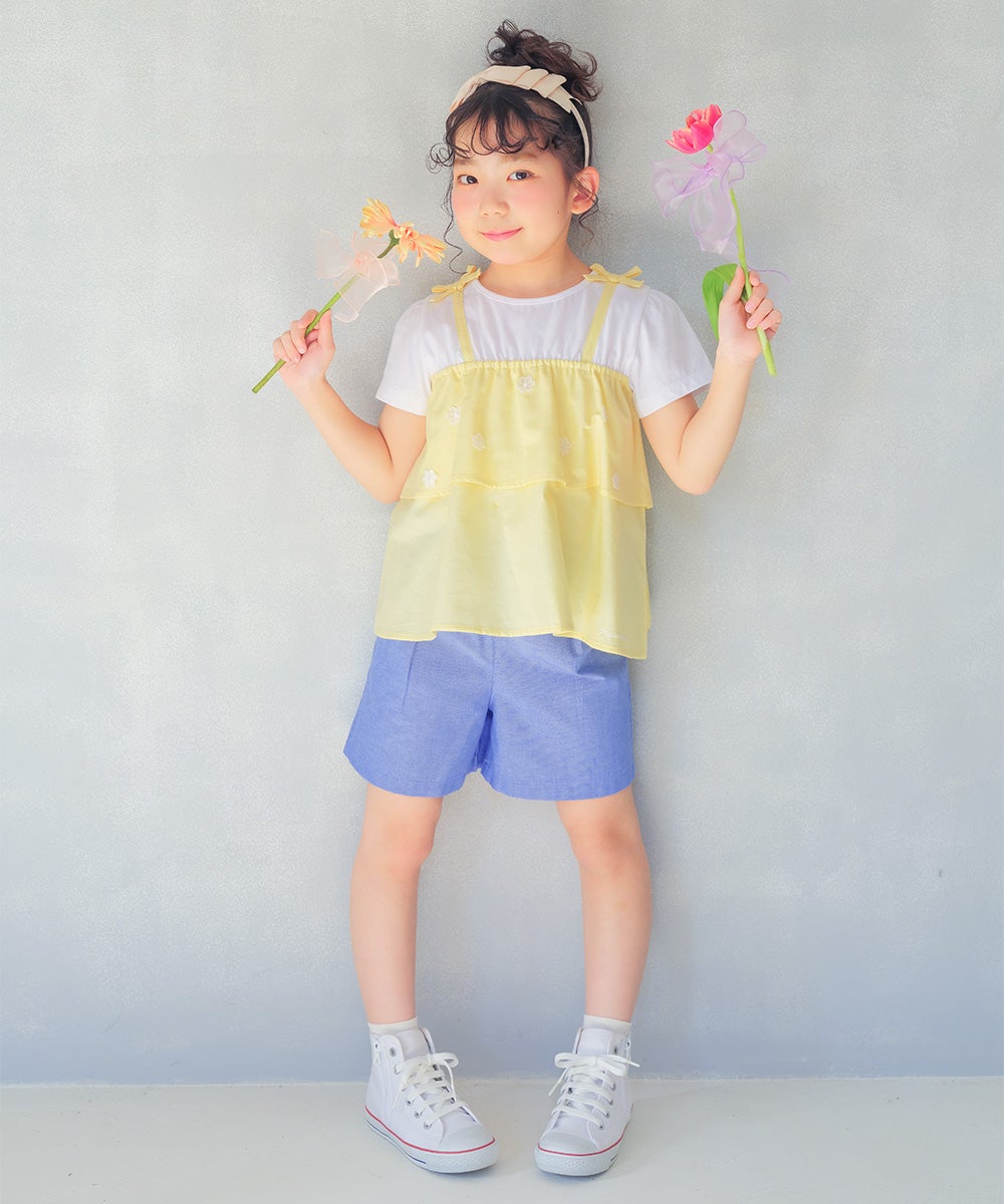 ベビー服 女の子 子ども服 こども服 キッズ キャミソール 重ね着風デザイン お花 リボンつき ロゴ刺繍 フリル イエロー(04) 