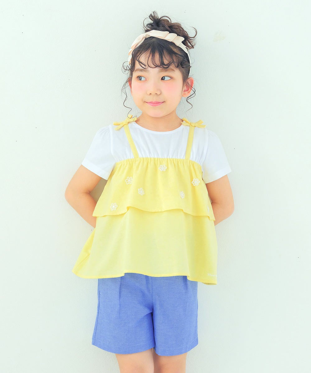 ベビー服 女の子 子ども服 こども服 キッズ キャミソール 重ね着風デザイン お花 リボンつき ロゴ刺繍 フリル イエロー(04) 