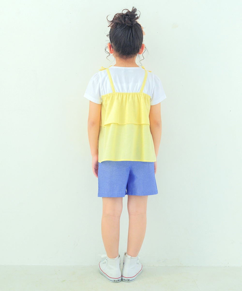 ベビー服 女の子 子ども服 こども服 キッズ キャミソール 重ね着風デザイン お花 リボンつき ロゴ刺繍 フリル イエロー(04) 