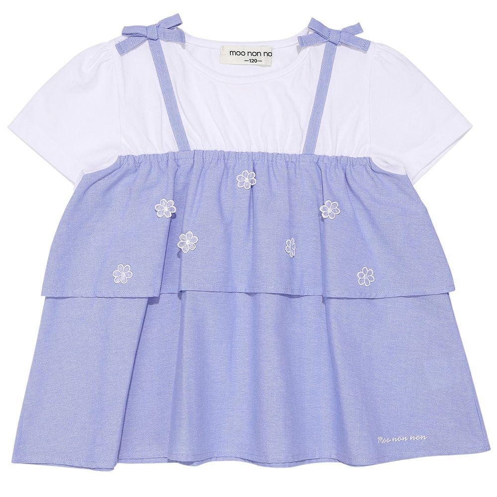 ベビー服 女の子 子ども服 こども服 キッズ キャミソール 重ね着風デザイン お花 リボンつき ロゴ刺繍 フリル ブルー(61) 正面