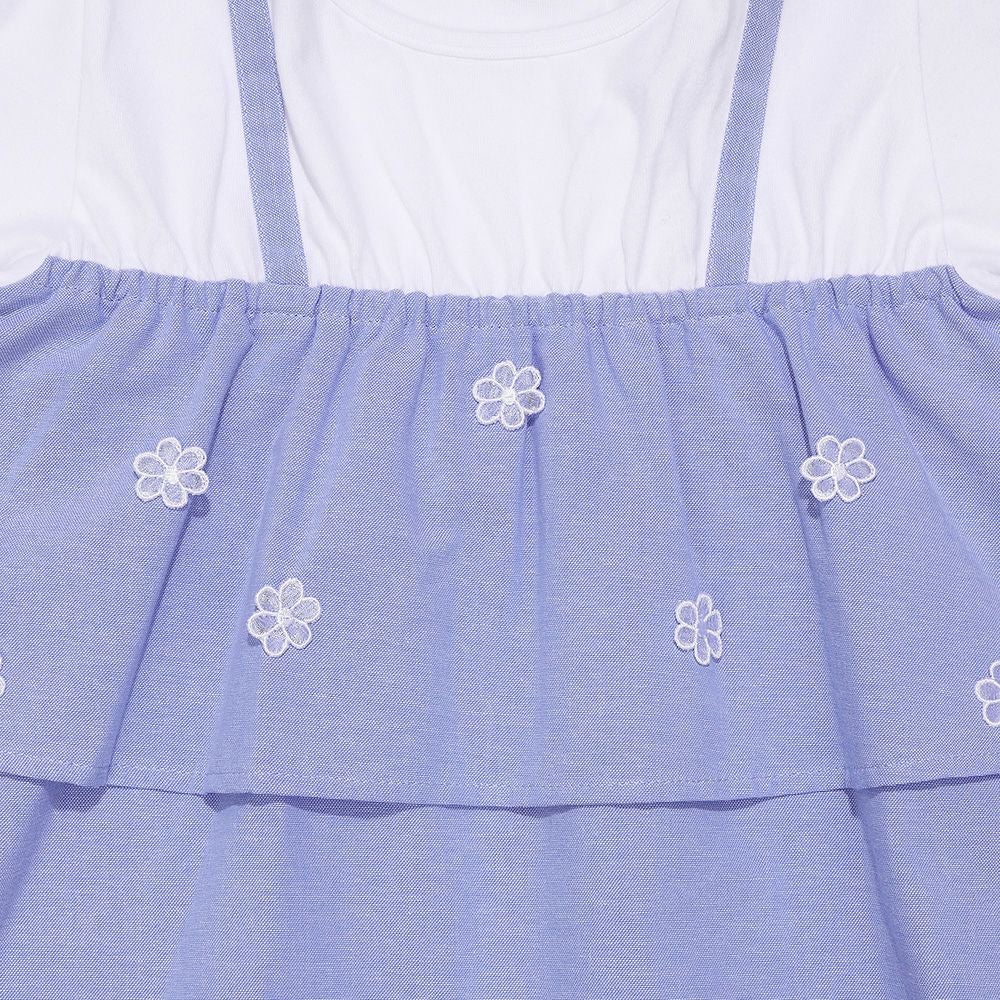 ベビー服 女の子 子ども服 こども服 キッズ キャミソール 重ね着風デザイン お花 リボンつき ロゴ刺繍 フリル ブルー(61) デザインポイント1