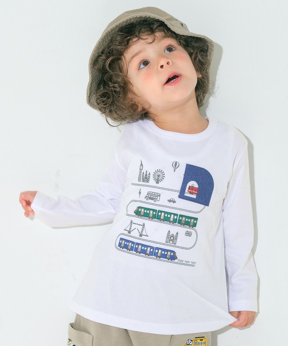 ベビー服 男の子 子ども服 こども キッズ 綿100％ 電車 ワッペン ロンドン街並み プリント オフホワイト(11) モデル画像アップ