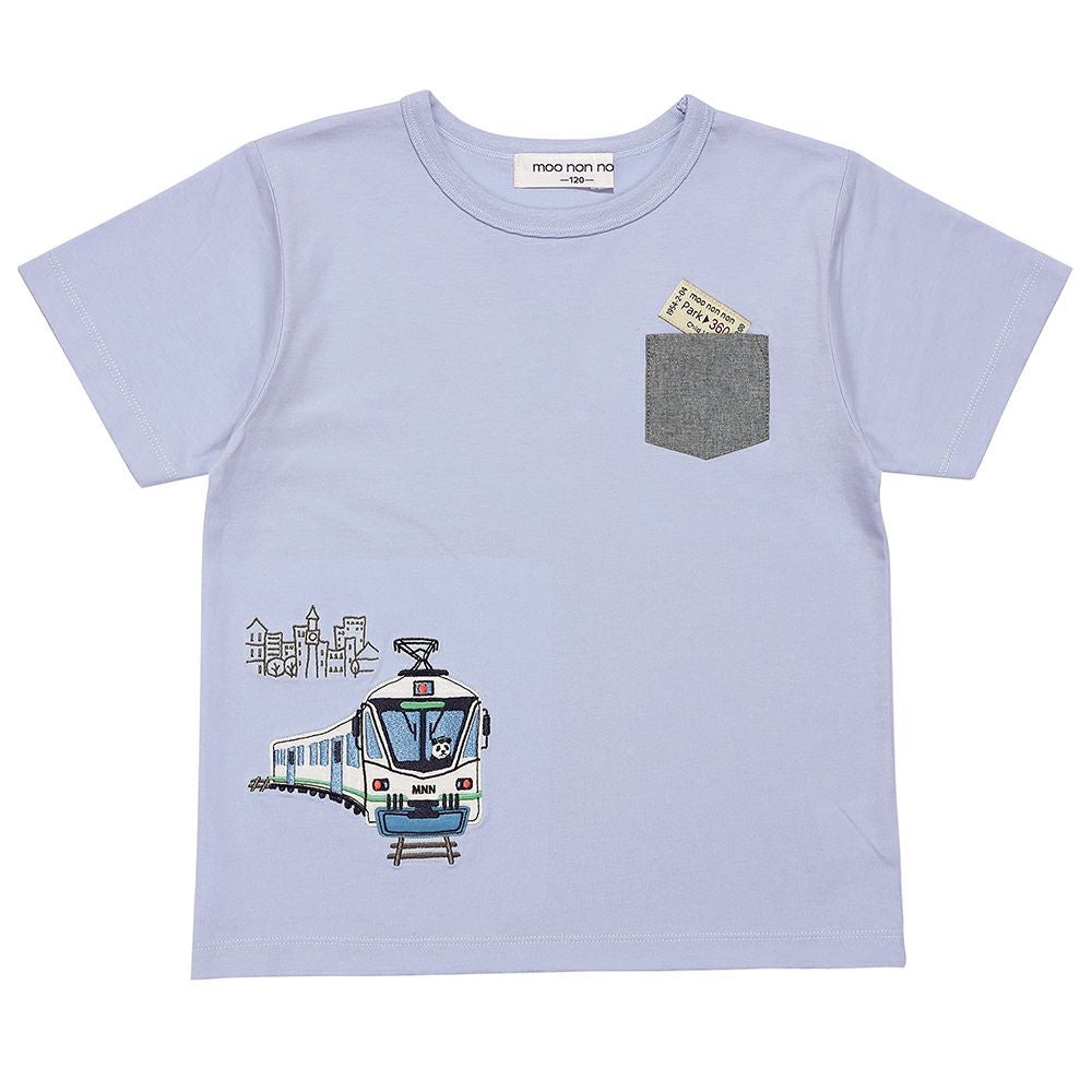 ベビー服 男の子 子ども服 こども キッズ 綿100％ 電車 ワッペン 乗り物 刺繍 ポケットつき ブルー(61) 正面