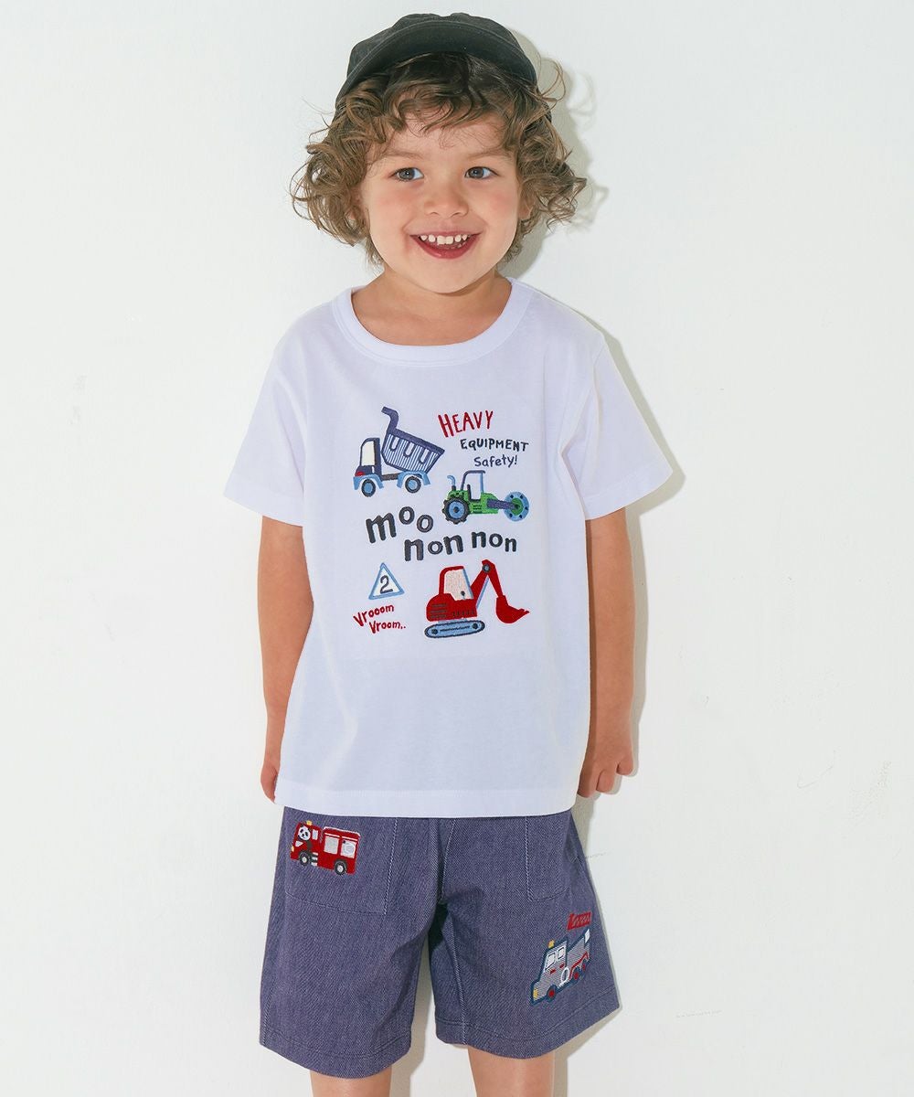 ベビー服 男の子 子ども服 こども キッズ ストレッチ デニムツイルニット パンダ 消防車刺繍 ハーフパンツ ネイビー(06) モデル画像アップ