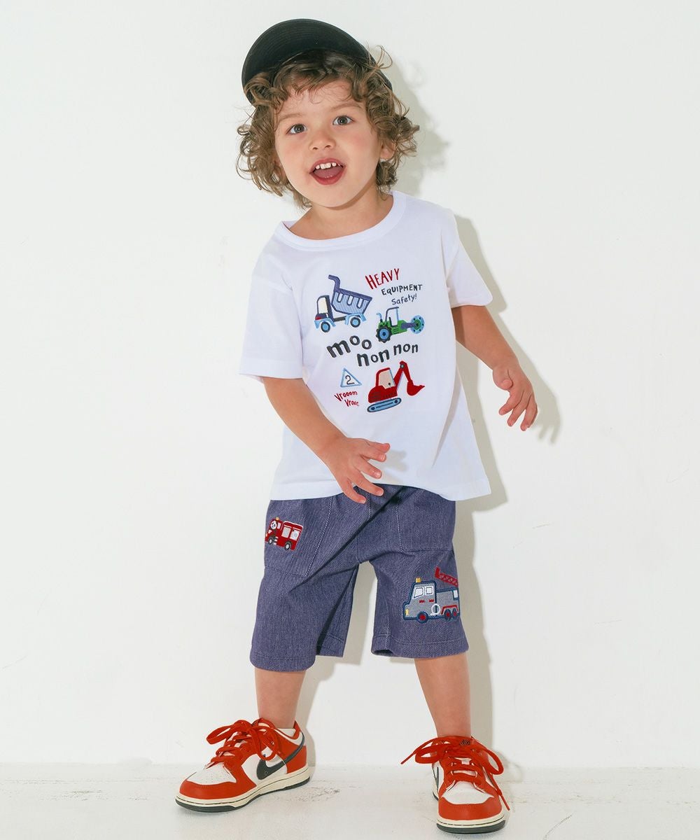 ベビー服 男の子 子ども服 こども キッズ ストレッチ デニムツイルニット パンダ 消防車刺繍 ハーフパンツ ネイビー(06) モデル画像4