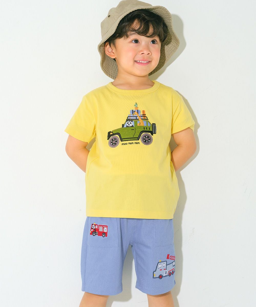 ベビー服 男の子 子ども服 こども キッズ ストレッチ デニムツイルニット パンダ 消防車刺繍 ハーフパンツ ブルー(61) モデル画像アップ