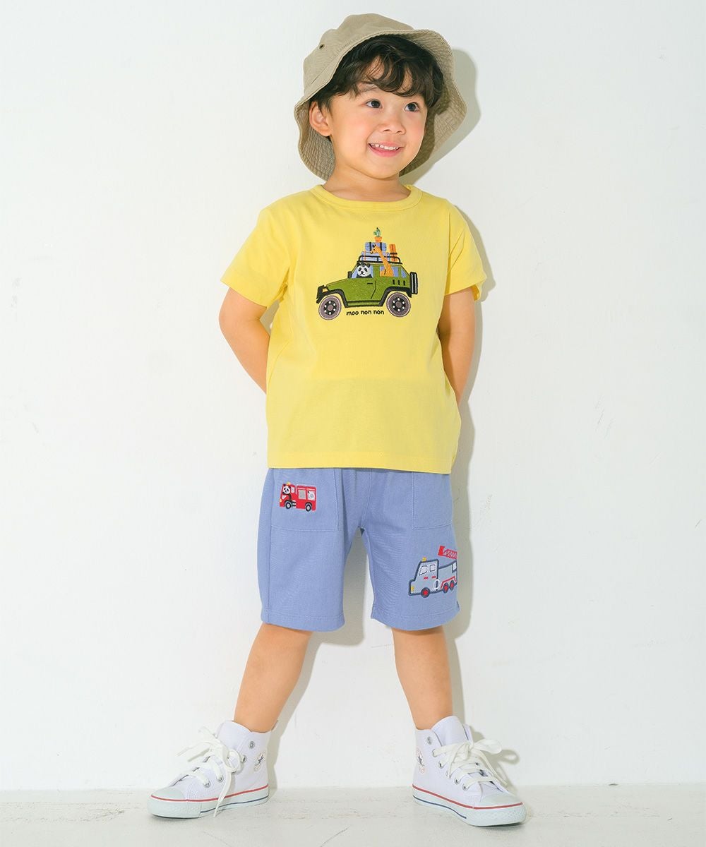 ベビー服 男の子 子ども服 こども キッズ ストレッチ デニムツイルニット パンダ 消防車刺繍 ハーフパンツ ブルー(61) モデル画像全身