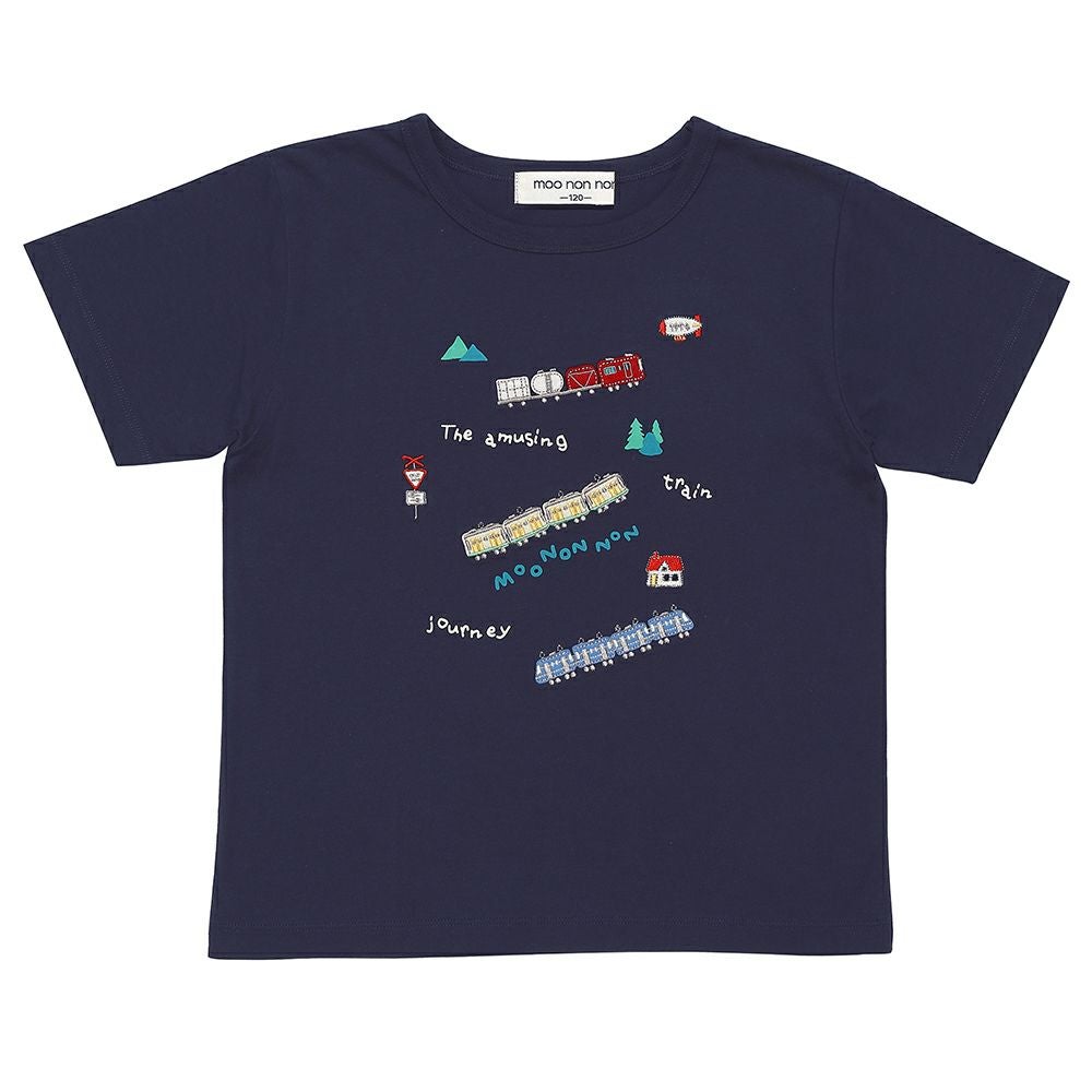 ベビー服 男の子 綿100％ 電車 ロゴ 刺繍 Tシャツ ネイビー(06) 正面