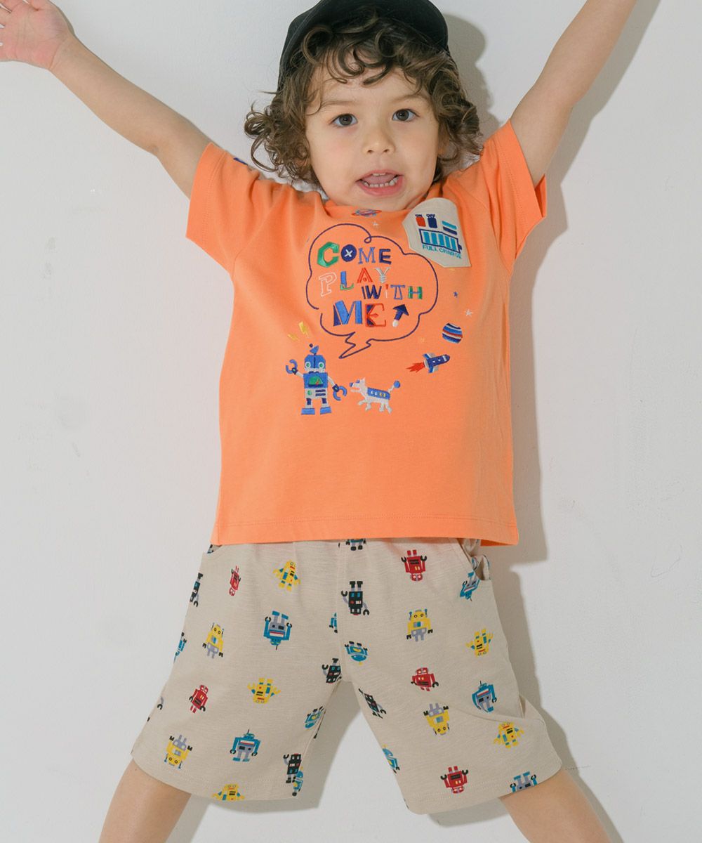 ベビー服 男の子  綿100％ ロボット ロゴ 刺繍 ポケット付き　Tシャツ オレンジ(07) モデル画像2