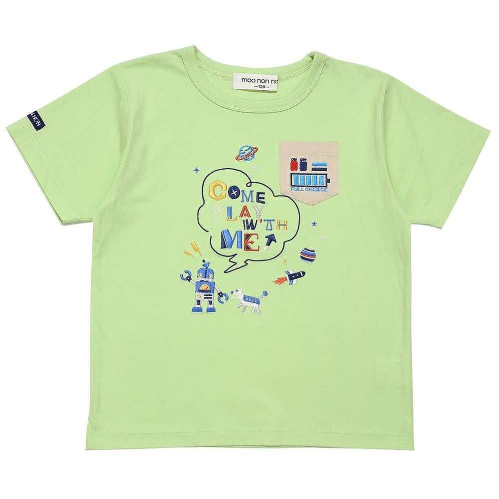 ベビー服 男の子  綿100％ ロボット ロゴ 刺繍 ポケット付き　Tシャツ グリーン(08) 正面