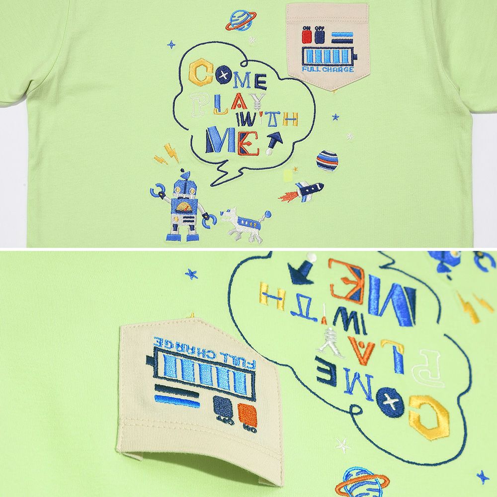 ベビー服 男の子  綿100％ ロボット ロゴ 刺繍 ポケット付き　Tシャツ グリーン(08) デザインポイント1