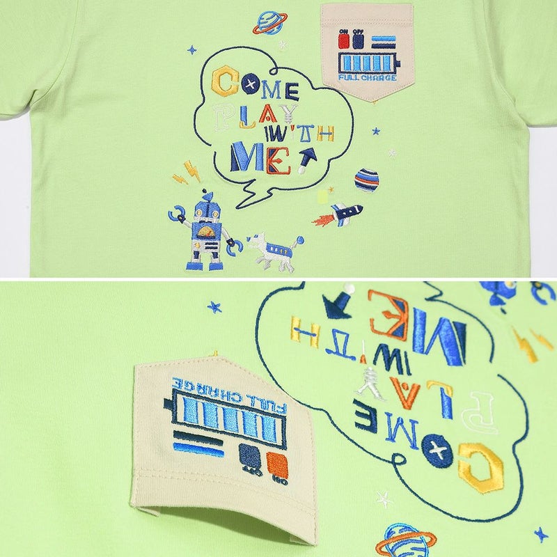 綿100% ロボット ロゴ 刺繍 ポケット付き Tシャツ