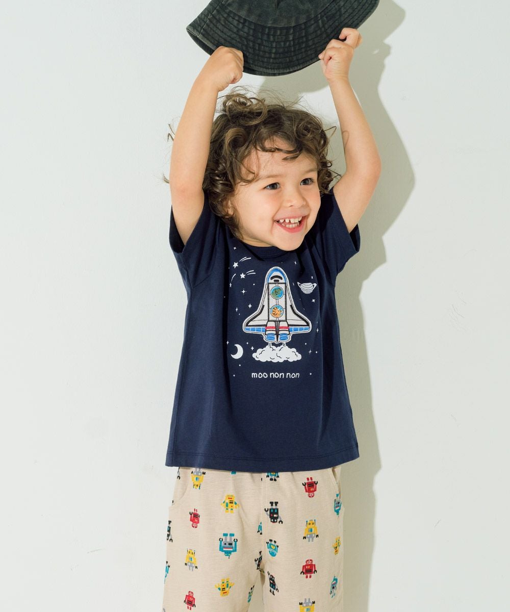 ベビー服 男の子 100％ スペースシャトル ワッペン 恐竜刺繍 Tシャツ ネイビー(06) モデル画像2