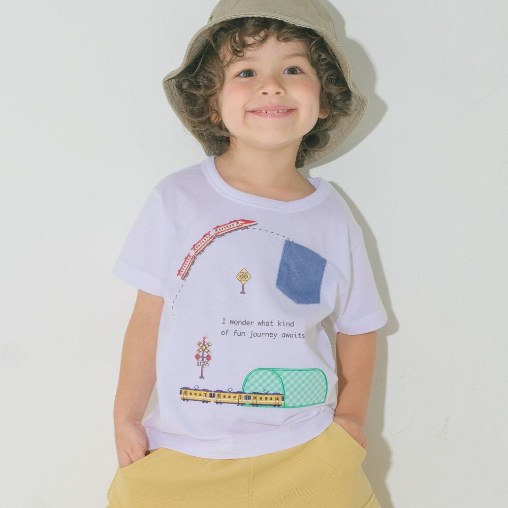 ベビー服 男の子 綿100％ 電車刺繍 ポケットつき 乗り物Tシャツ