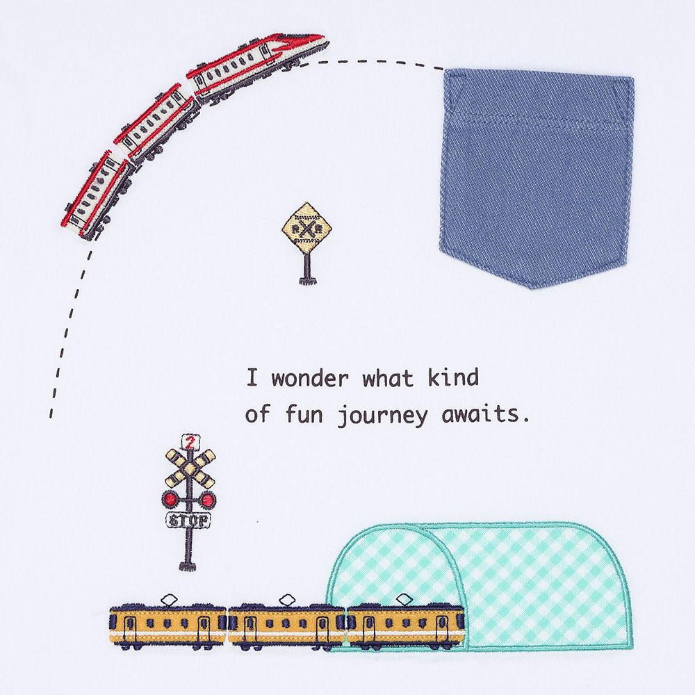 ベビー服 男の子 綿100％ 電車刺繍 ポケットつき 乗り物Tシャツ オフホワイト(11) デザインポイント1