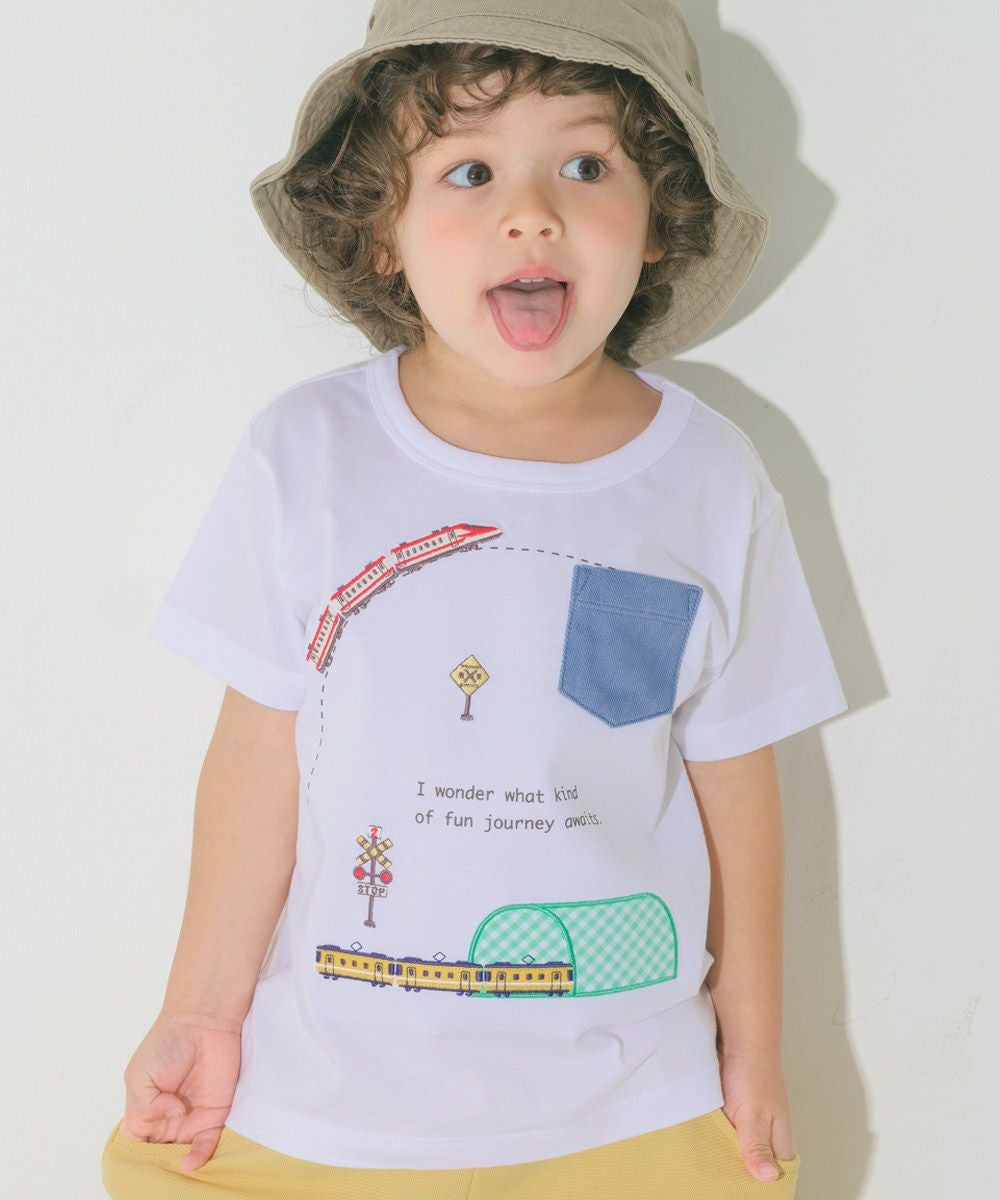ベビー服 男の子 綿100％ 電車刺繍 ポケットつき 乗り物Tシャツ オフホワイト(11) モデル画像1