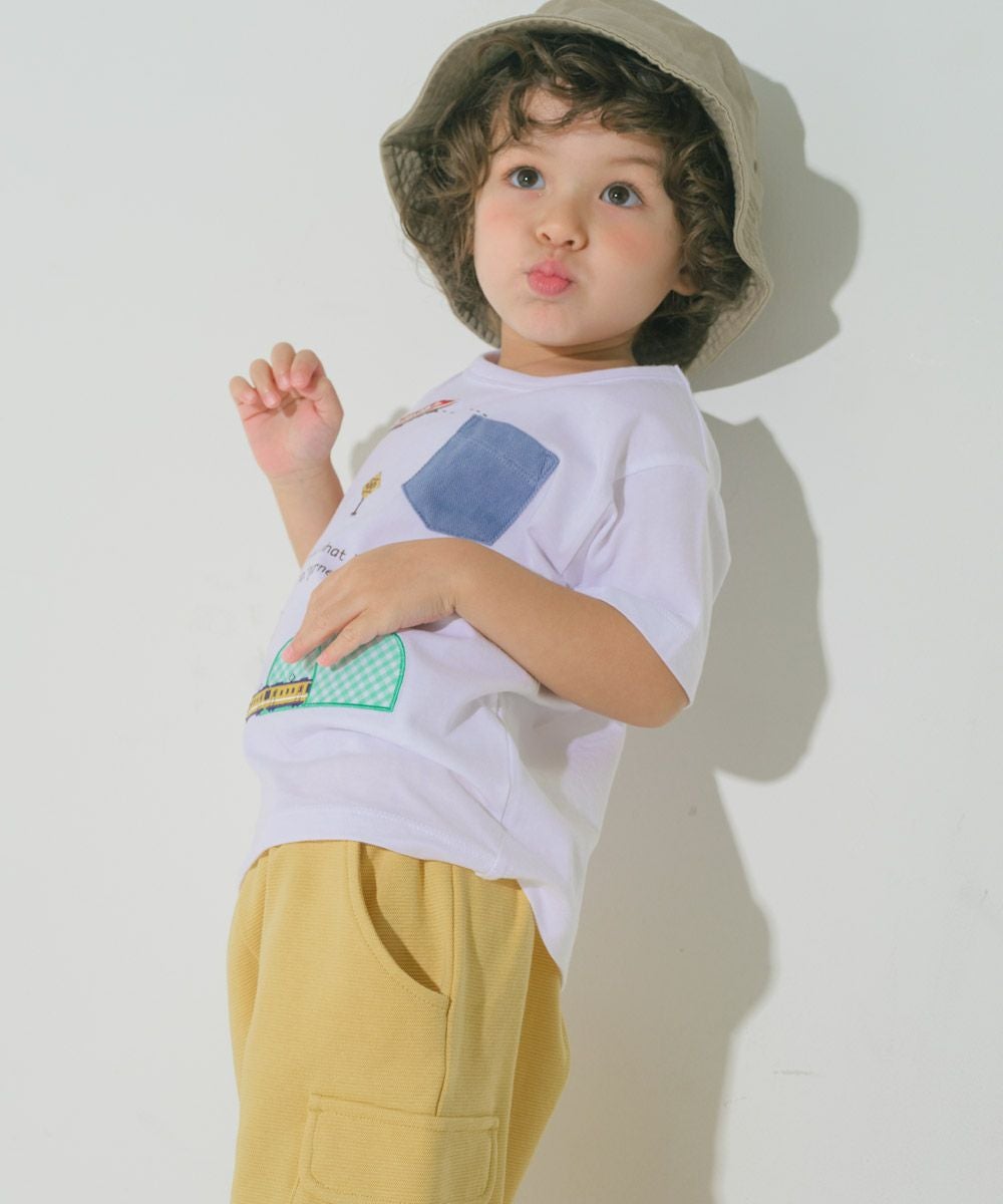 ベビー服 男の子 綿100％ 電車刺繍 ポケットつき 乗り物Tシャツ オフホワイト(11) モデル画像2