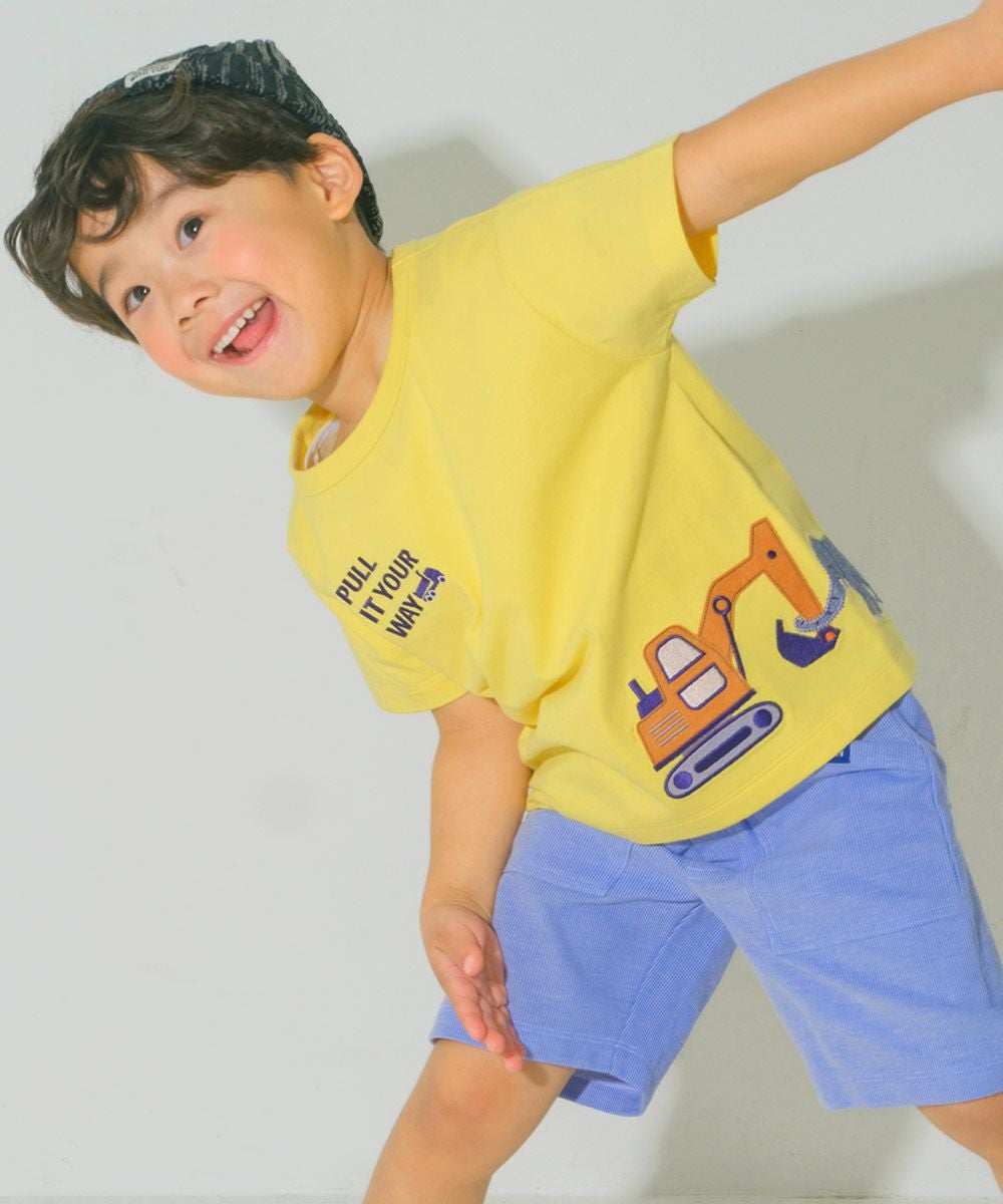 ベビー服 男の子 綿100％ ショベルカー＆動物ワッペン ロゴ刺繍 Tシャツ イエロー(04) モデル画像1