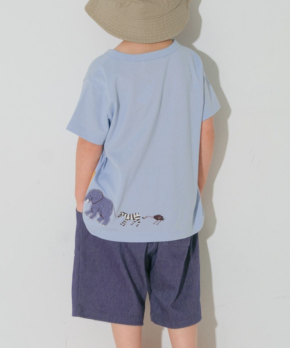 ベビー服 男の子 綿100％ ショベルカー＆動物ワッペン ロゴ刺繍 Tシャツ ブルー(61) モデル画像全身