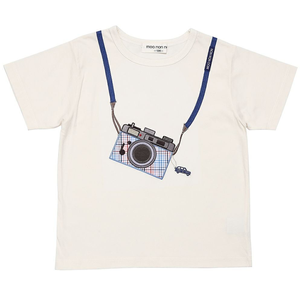 ベビー服 男の子 綿100％ チェック柄カメラモチーフ 車刺繍Tシャツ アイボリー(12) 正面
