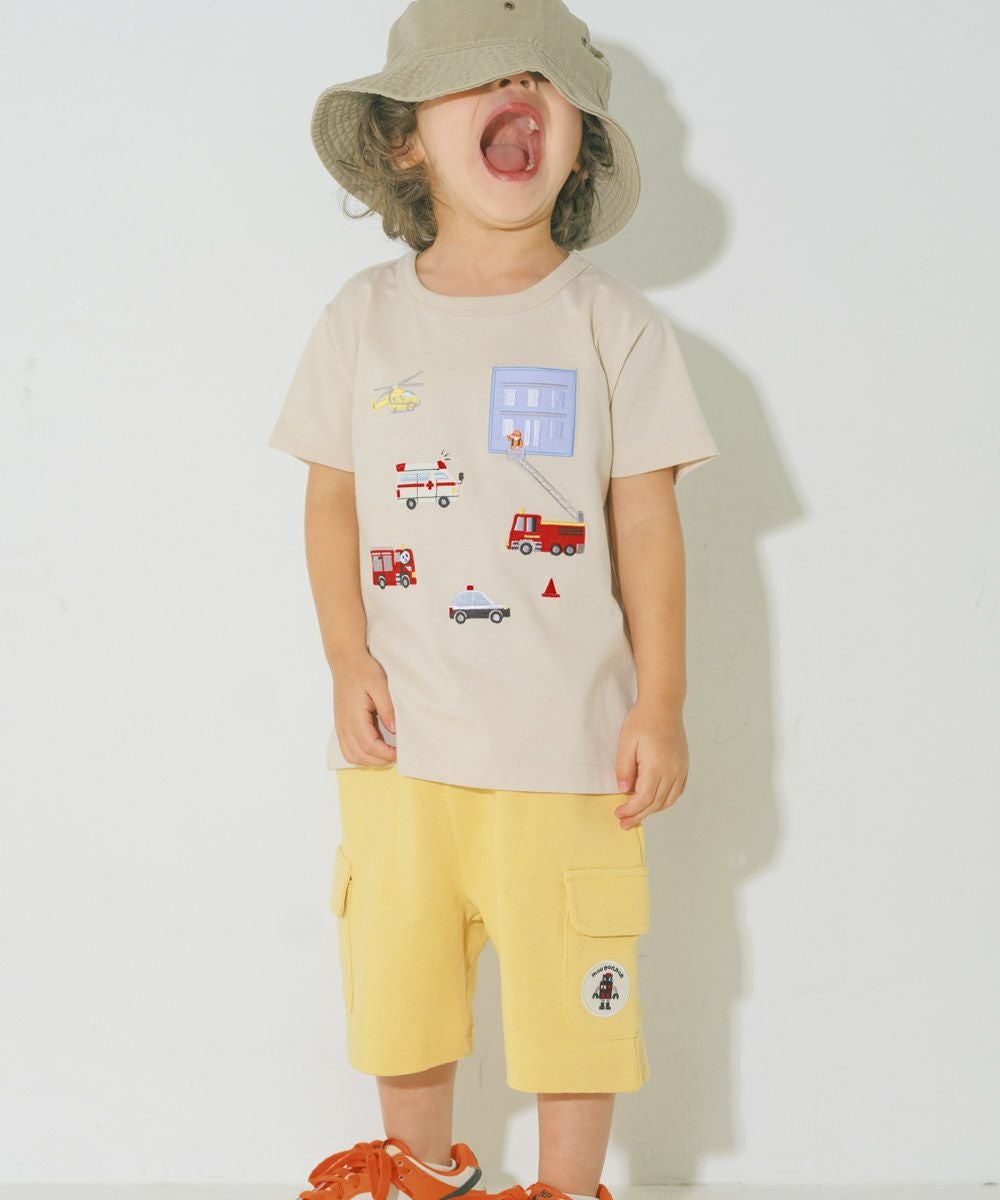 ベビー服 男の子 綿100％ はたらく車  レスキュー隊刺繍Tシャツ ベージュ(51) モデル画像アップ