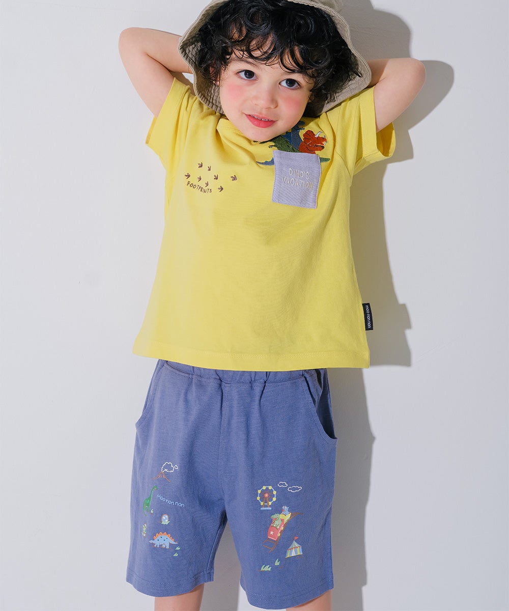 ベビー服 男の子 子ども服 こども キッズ 綿100％ 恐竜 遊園地 プリント ウエストゴム ポケット ネイビー(06) モデル画像アップ