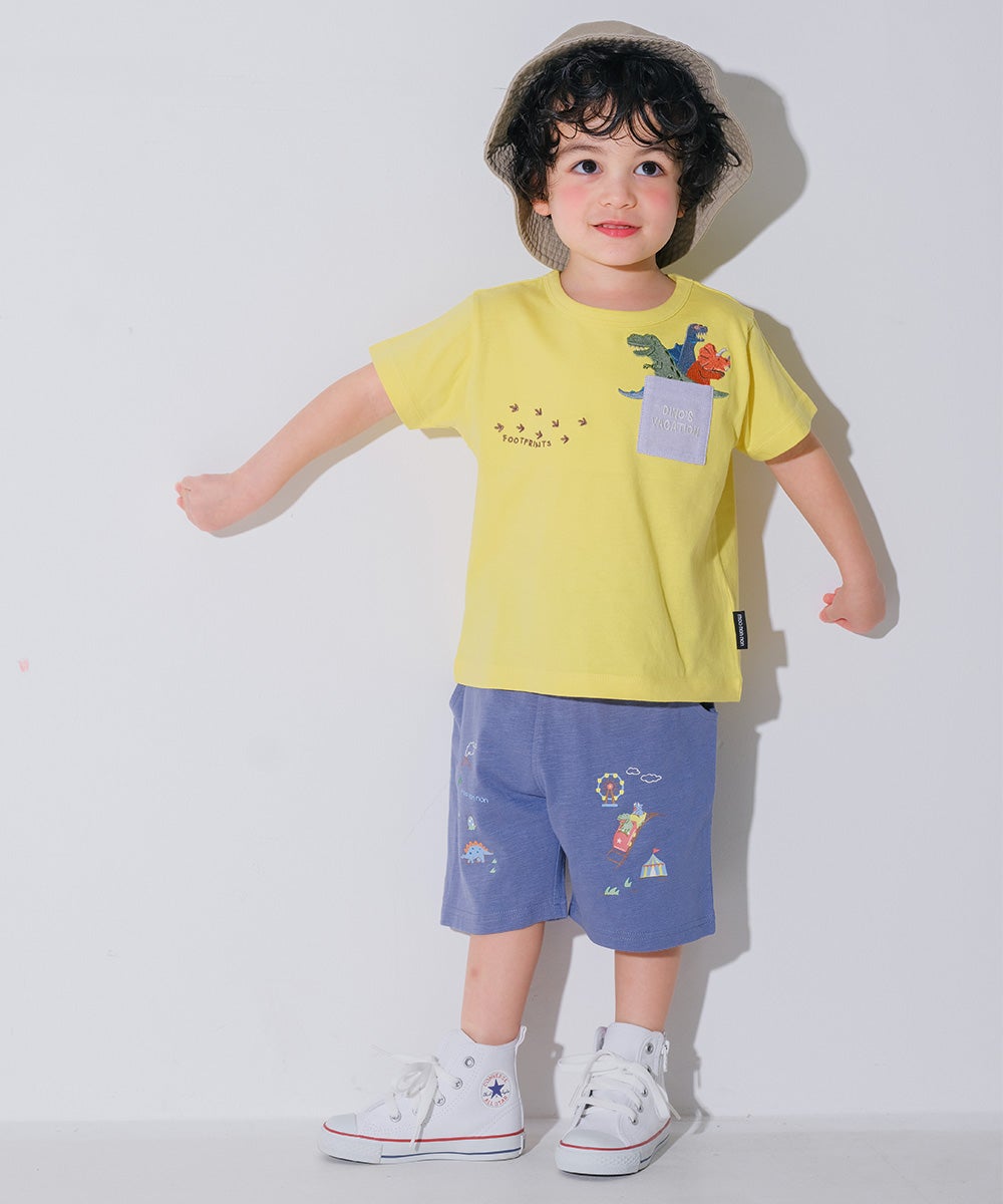 ベビー服 男の子 子ども服 こども キッズ 綿100％ 恐竜 遊園地 プリント ウエストゴム ポケット ネイビー(06) モデル画像全身