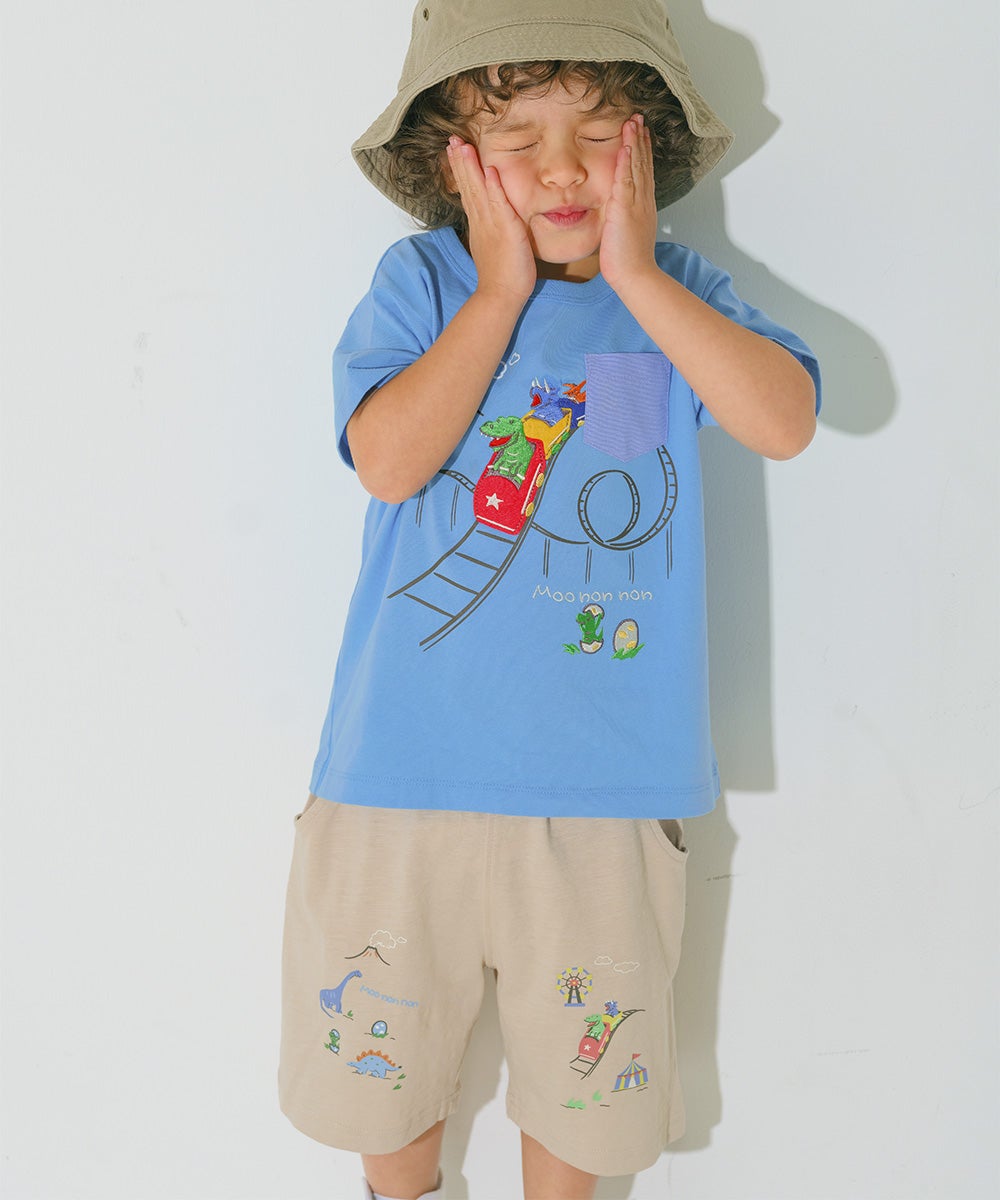 ベビー服 男の子 子ども服 こども キッズ 綿100％ 恐竜 遊園地 プリント ウエストゴム ポケット ベージュ(51) モデル画像アップ