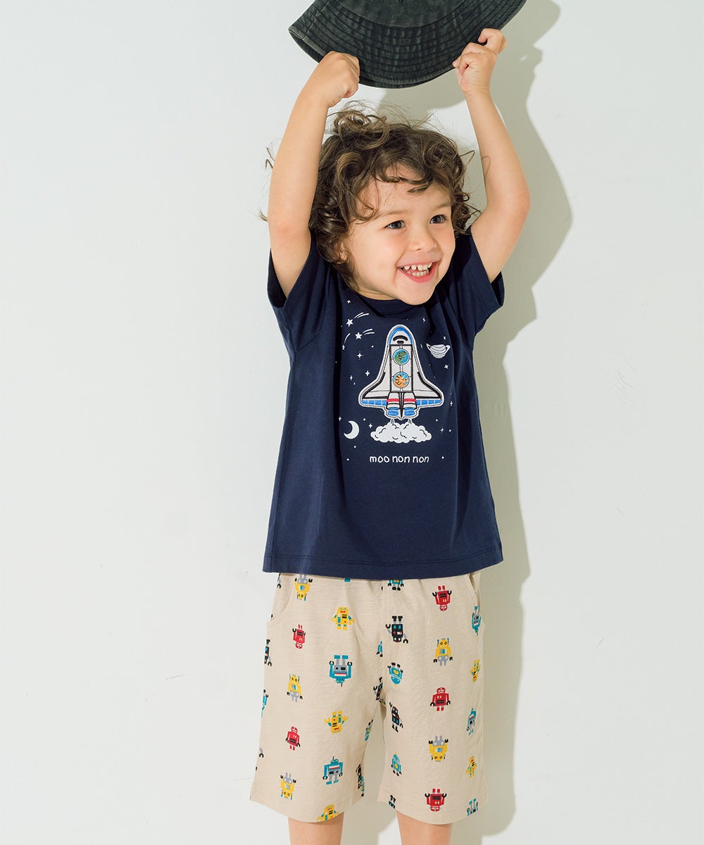 ベビー服 男の子 子ども服 こども キッズ 綿100％ オリジナルロボットプリント ウエストゴム ポケットつき ベージュ(51) モデル画像アップ
