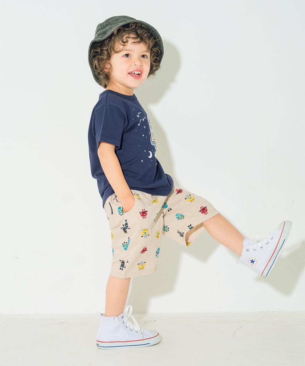 ベビー服 男の子 子ども服 こども キッズ 綿100％ オリジナルロボットプリント ウエストゴム ポケットつき ベージュ(51) モデル画像全身