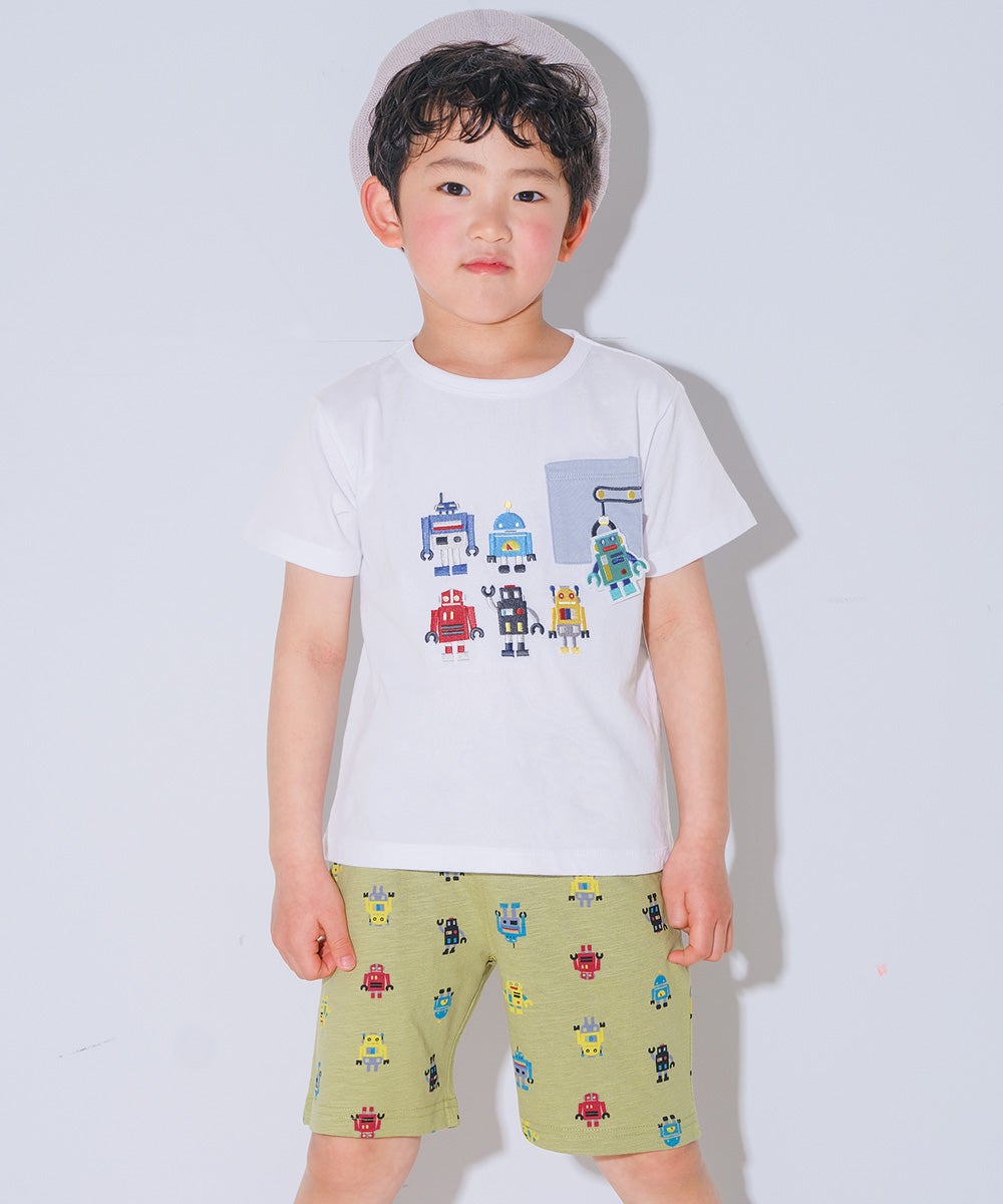 ベビー服 男の子 子ども服 こども キッズ 綿100％ オリジナルロボットプリント ウエストゴム ポケットつき カーキ(82) モデル画像アップ