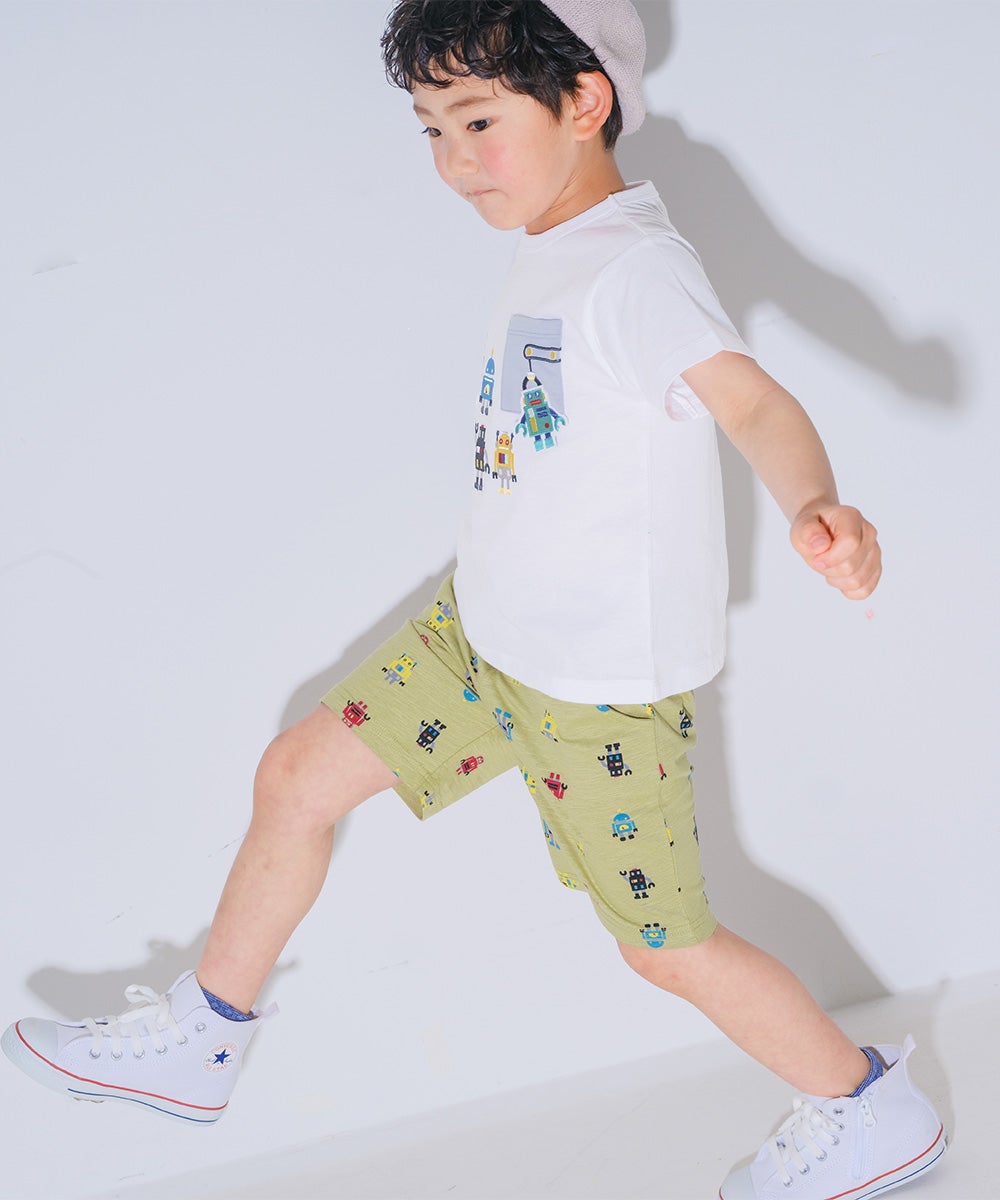 ベビー服 男の子 子ども服 こども キッズ 綿100％ オリジナルロボットプリント ウエストゴム ポケットつき カーキ(82) モデル画像全身