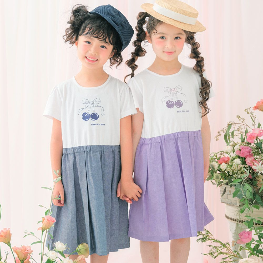 子供服 女の子 チェリー ロゴ刺繍 プリーツ風ドッキングワンピース