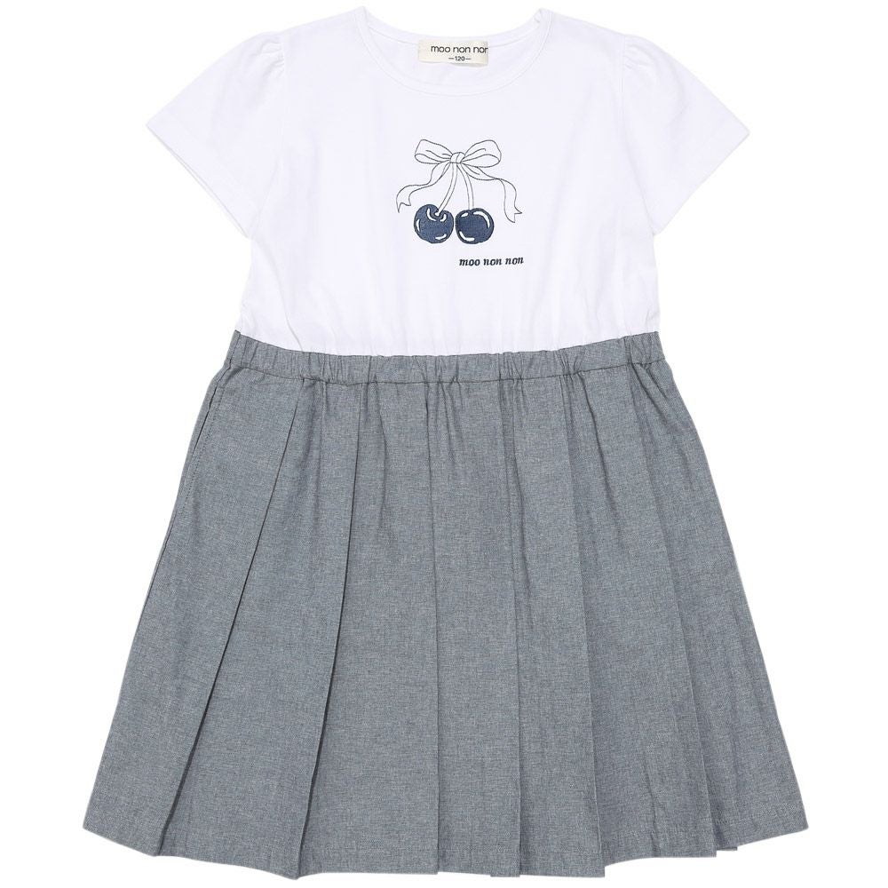 子供服 女の子 チェリー ロゴ刺繍 プリーツ風ドッキングワンピース ネイビー(06) 正面