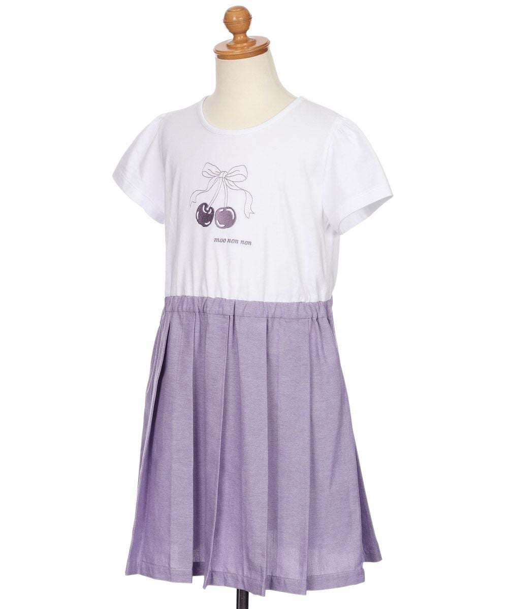 子供服 女の子 チェリー ロゴ刺繍 プリーツ風ドッキングワンピース パープル(91) トルソー斜め