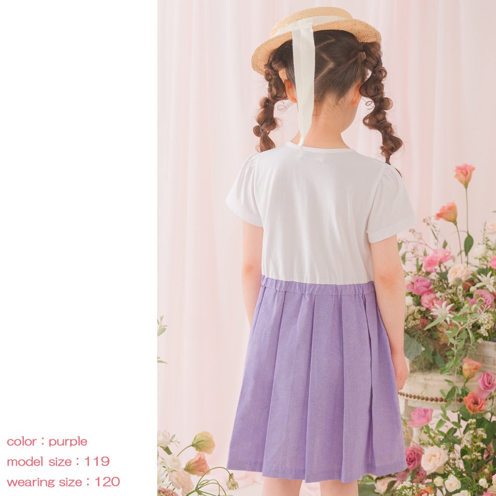 子供服 女の子 チェリー ロゴ刺繍 プリーツ風ドッキングワンピース