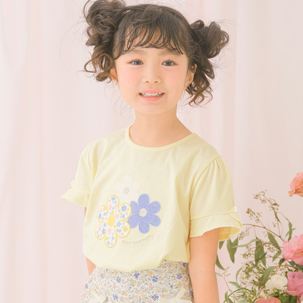 ベビー服 女の子 綿100％ お花 ロゴ刺繍 リボンつきTシャツ