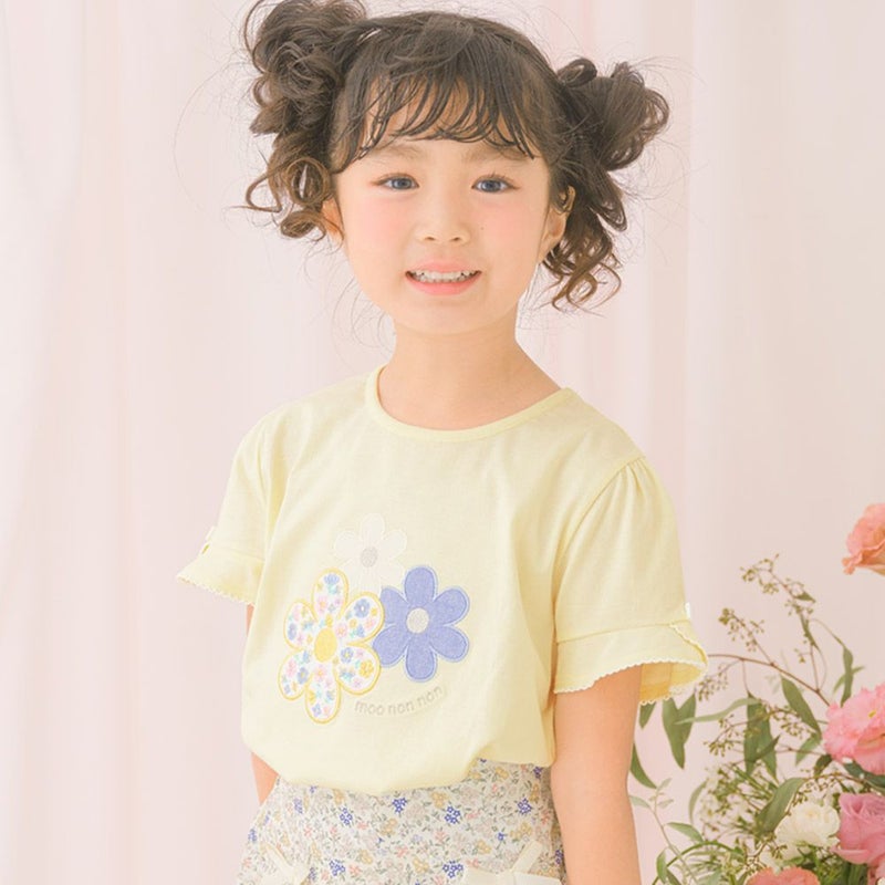 ベビー服 女の子 綿100％ お花 ロゴ刺繍 リボンつきTシャツ