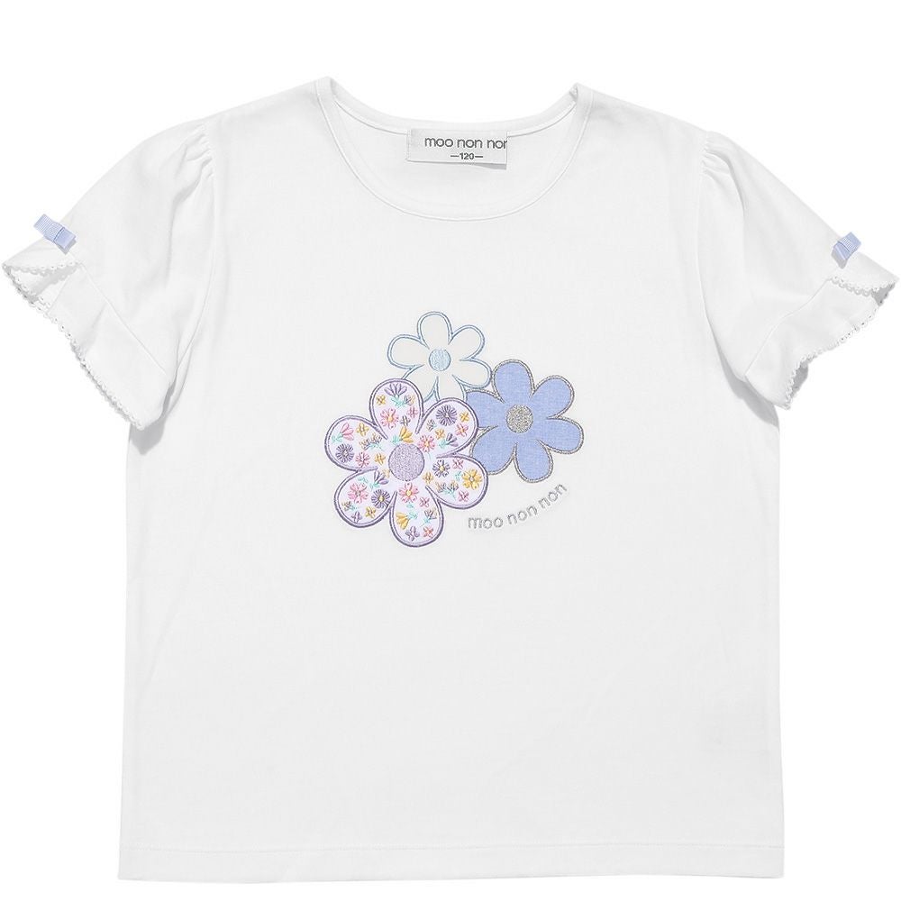 ベビー服 女の子 綿100％ お花 ロゴ刺繍 リボンつきTシャツ イエロー(04) 正面