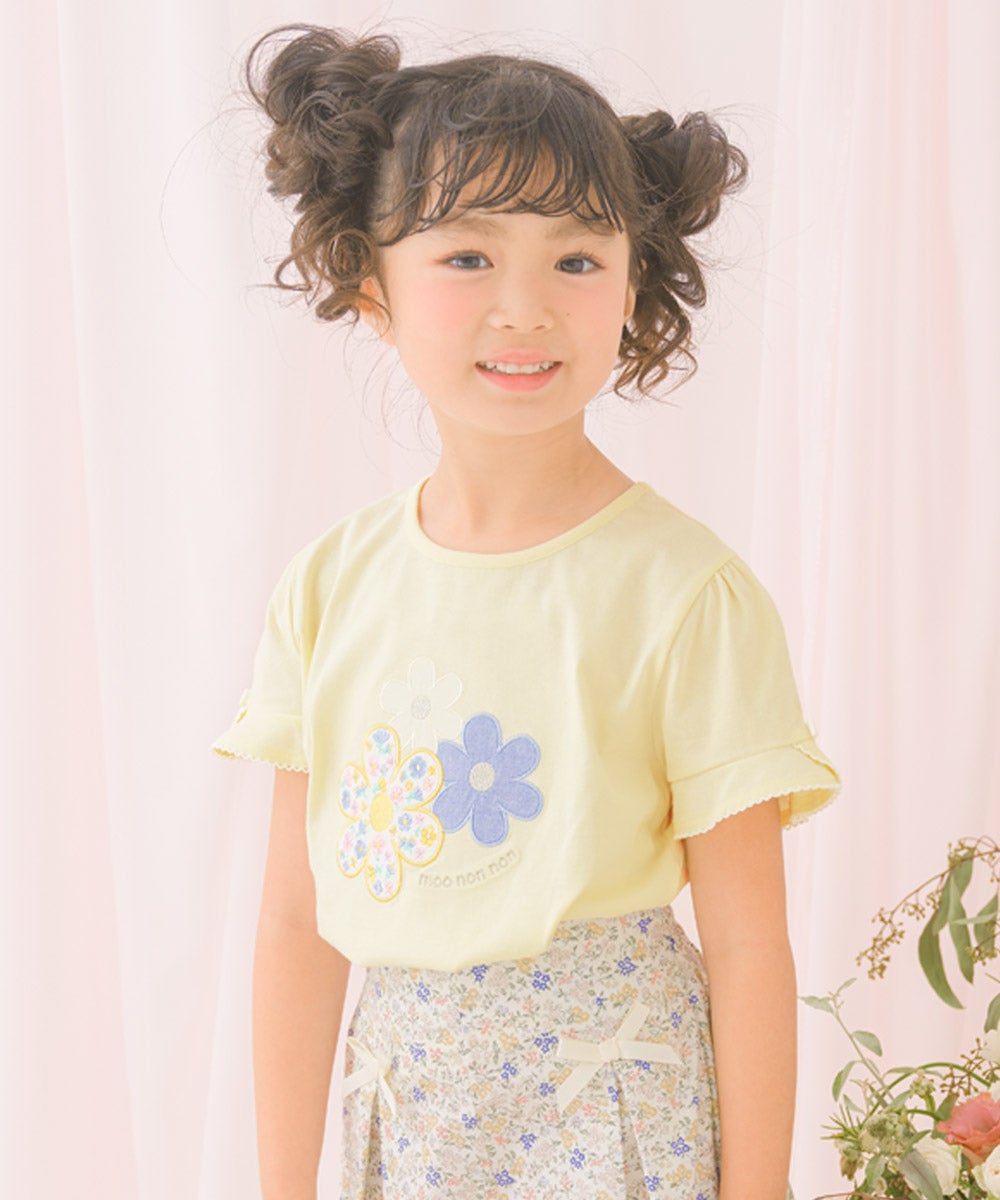 ベビー服 女の子 子ども服 こども キッズジュニア 綿100％ お花 ロゴ刺繍 リボン イエロー(04) モデル画像アップ