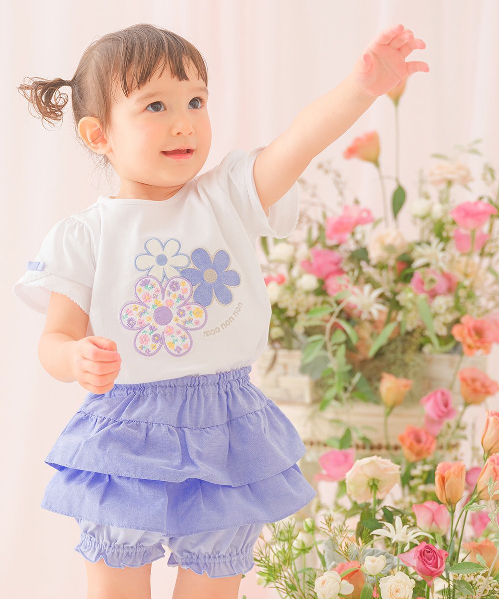 ベビー服 女の子 綿100％ お花 ロゴ刺繍 リボンつきTシャツ イエロー(04) モデル画像1