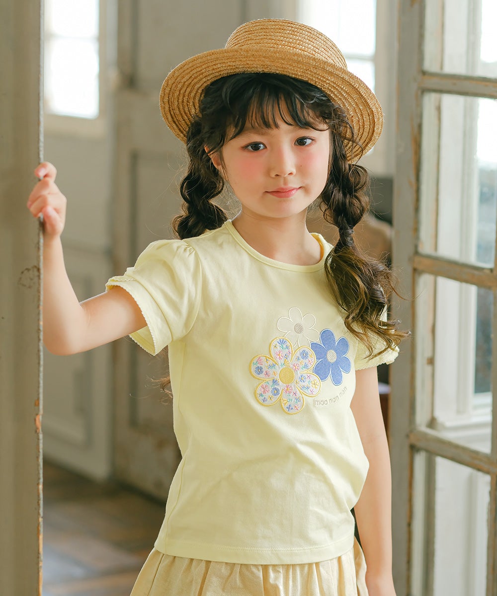 ベビー服 女の子 子ども服 こども キッズジュニア 綿100％ お花 ロゴ刺繍 リボン イエロー(04) モデル画像