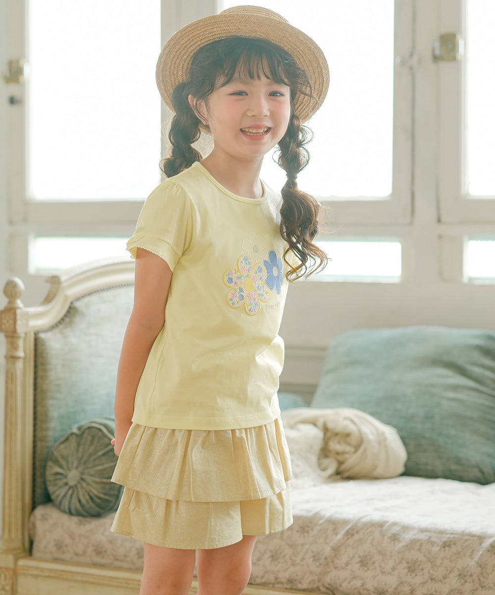 ベビー服 女の子 子ども服 こども キッズジュニア 綿100％ お花 ロゴ刺繍 リボン イエロー(04) モデル画像