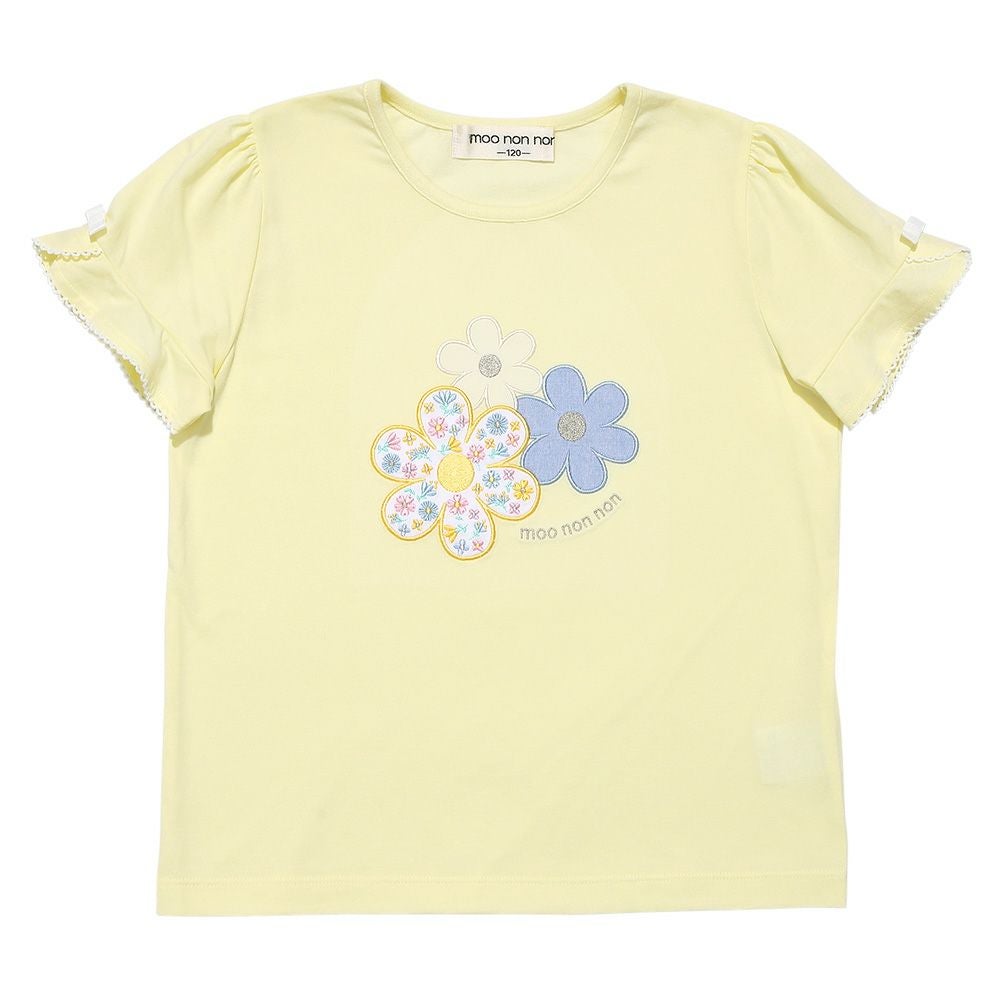 ベビー服 女の子 綿100％ お花 ロゴ刺繍 リボンつきTシャツ オフホワイト(11) 正面