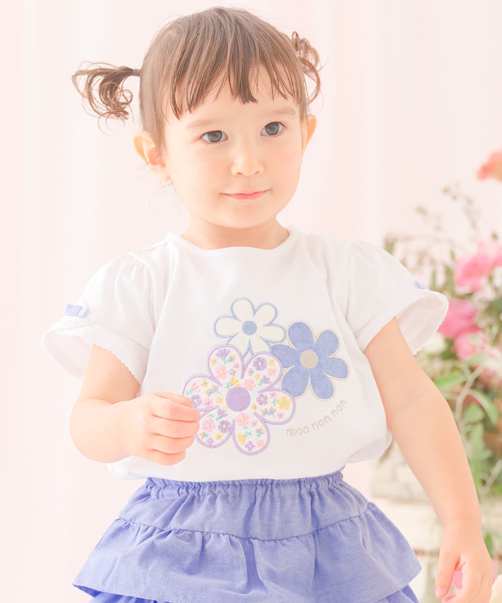 ベビー服 女の子 子ども服 こども キッズジュニア 綿100％ お花 ロゴ刺繍 リボン オフホワイト(11) モデル画像アップ